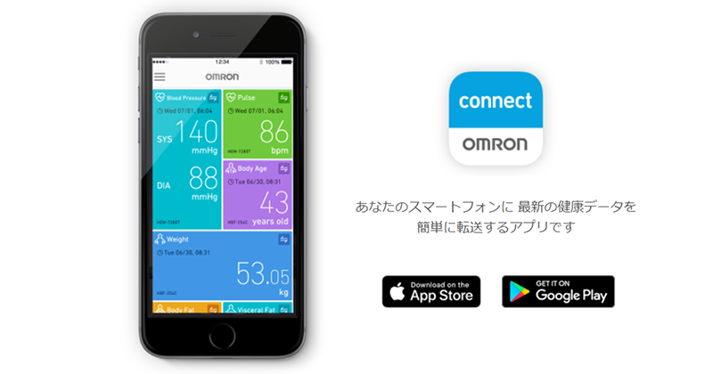 オムロンのスマホ連携アプリ　OMRON connectのアイコンと画面（イメージ画像）