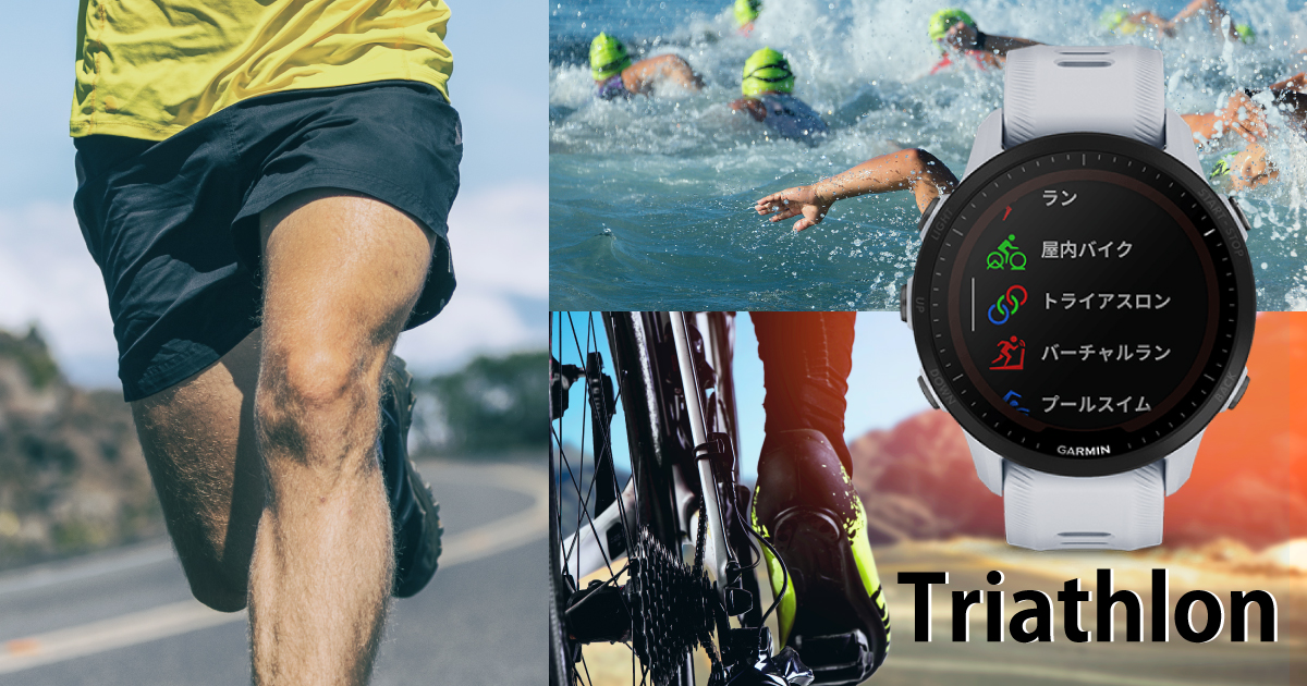 Triathlon（トライアスロン）のイメージ画像とForerunner955トライアスロンのアクティブモードの選択画面