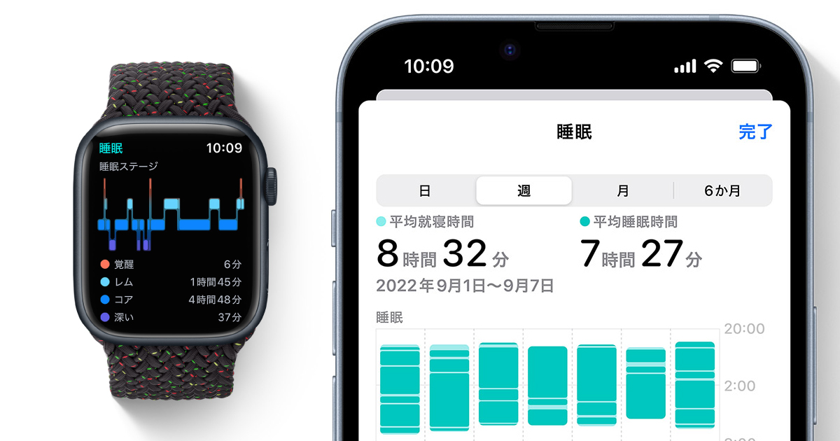 Apple WatchとiPhoneのヘルスケアアプリの睡眠記録画面（イメージ画像）