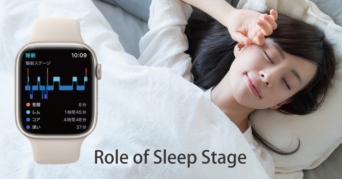睡眠中の女性とApple Watchの睡眠ステージの画面（イメージ画像）