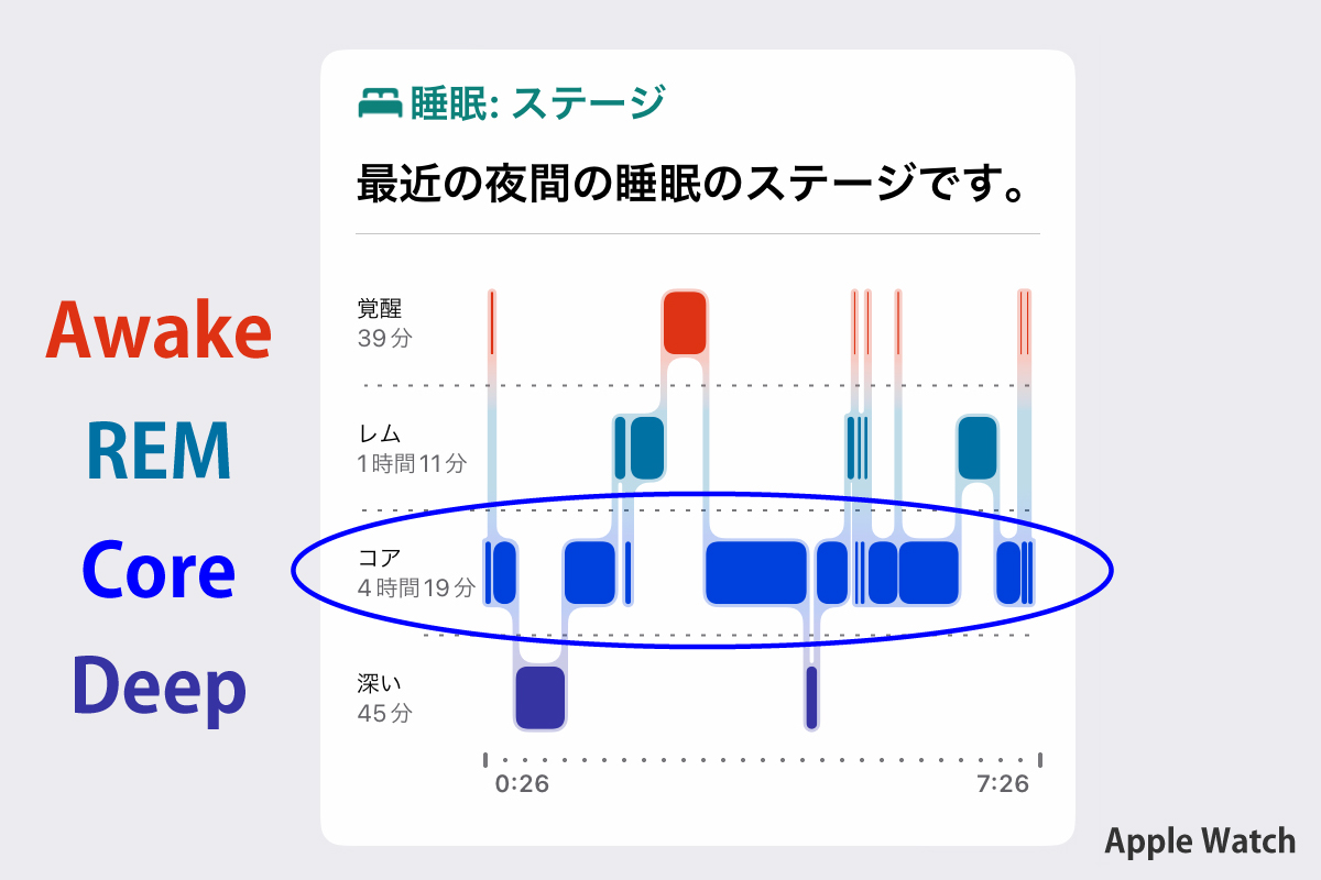 Apple Watchで計測したコア睡眠の時間（解説図）作成者：おかきソムリエ #コア睡眠