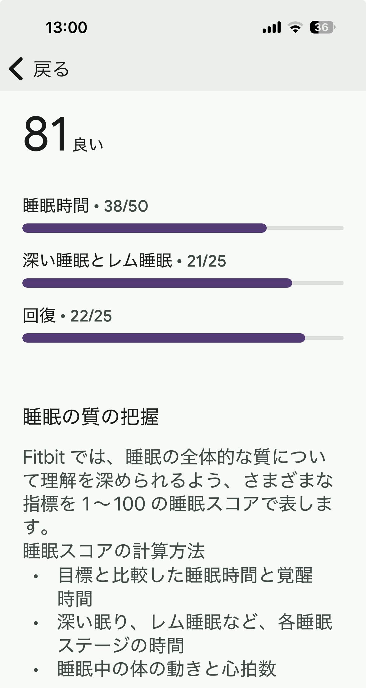 Fitbitアプリ(Fitbit Premium)で見ることができる睡眠スコアの内訳(本人データ:おかきソムリエ)スクリーンショット