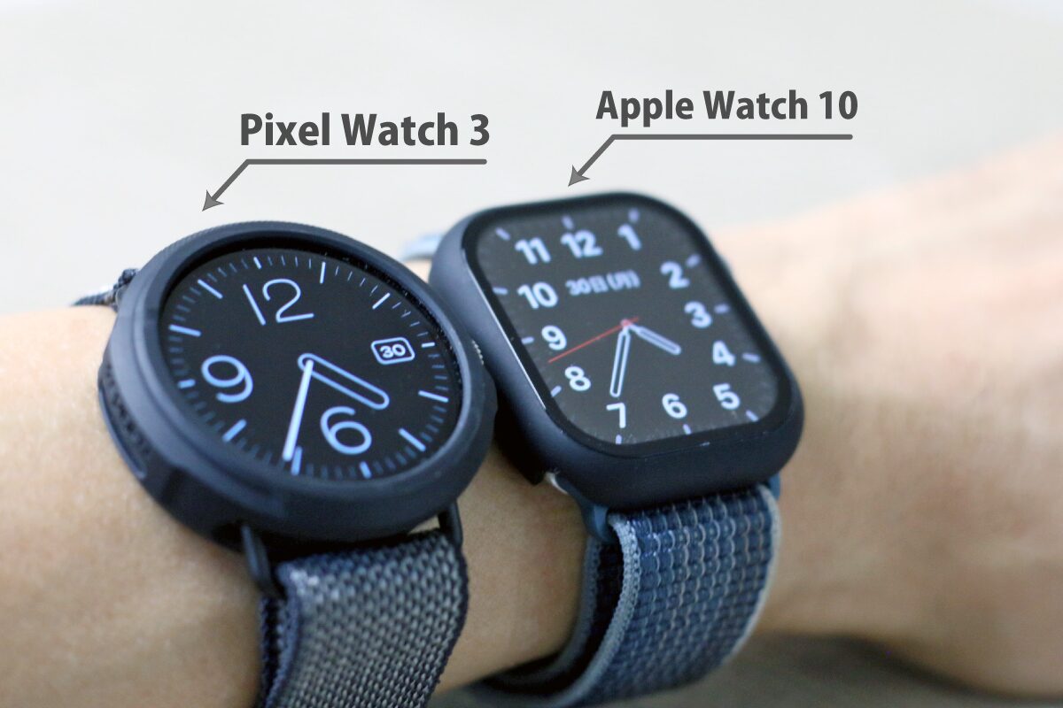 左の手首に同時に装着したPixel Watch3とApple Watch10の写真（撮影：おかきソムリエ）