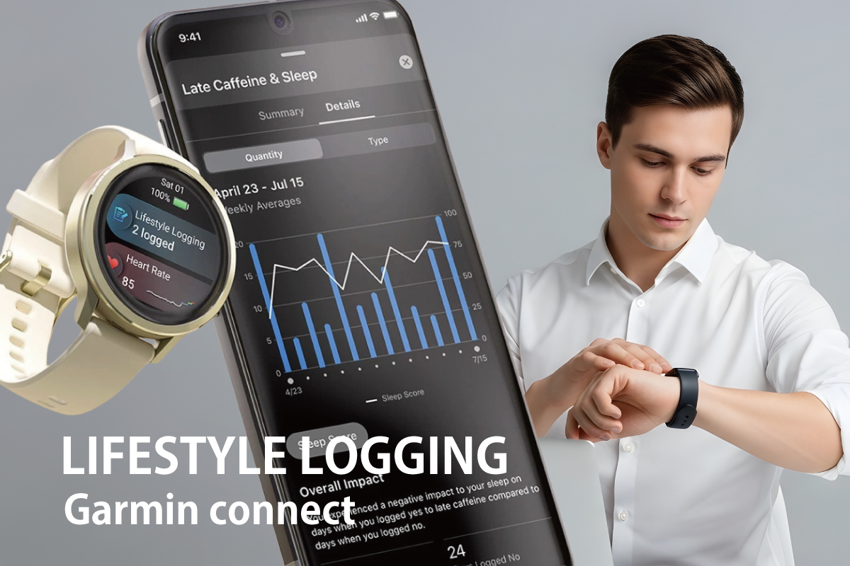 Venu4とGARMIN connectアプリの画面|ライフスタイル記録を確認する男性の写真(イメージ画像)作成者:おかきソムリエ