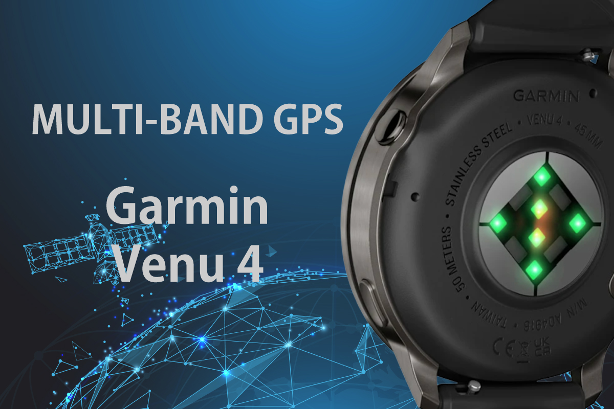 Garmin Venu4とMULTI-BAND GPS(GNSSマルチバンド)をイメージした衛星とVenu4の画像(作成者:おかきソムリエ)