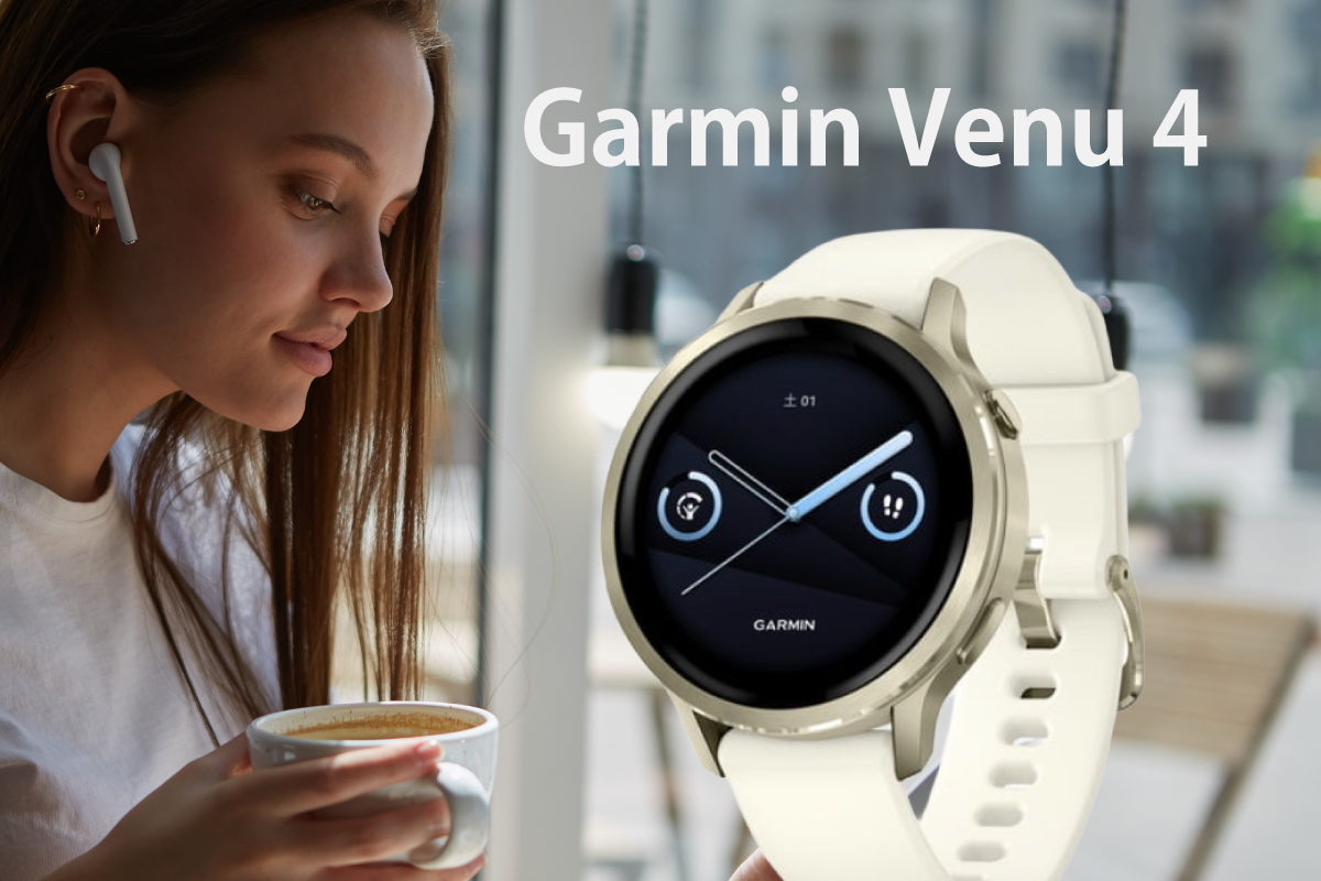 GarminVenu4とスマホを操作しながらカフェを楽しむ女性のイメージ画像(作成者:おかきソムリエ)