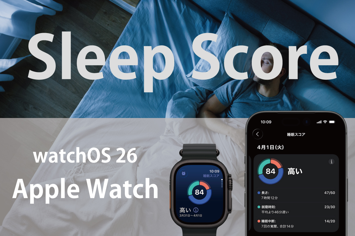 Apple WatchとiPhoneに表示されている睡眠スコア。背景画像は睡眠中の男性。（作成者：おかきソムリエ）