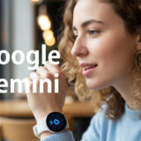 Pixel Watchに話かけてGeminiを起動させている女性のイメージ画像(作成者:おかきソムリエ)