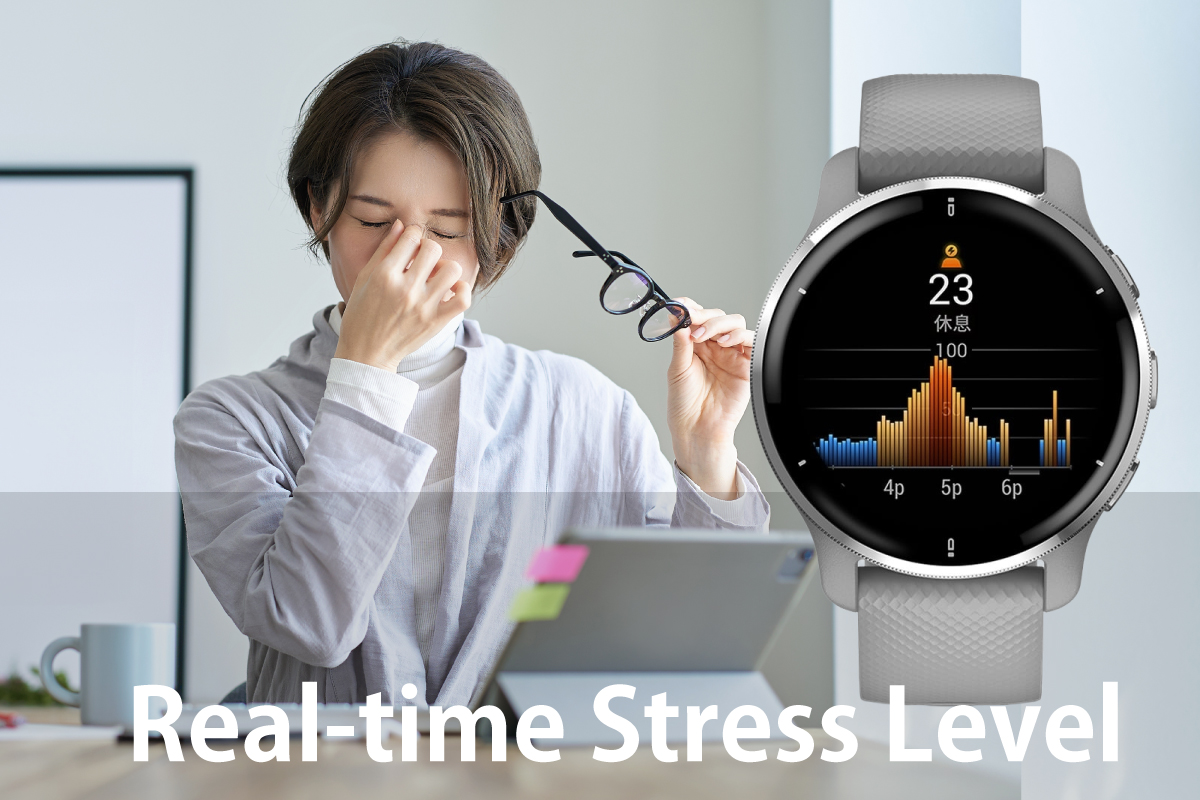PC作業疲れを癒す女性とストレスレベルが表示されたガーミンのスマートウォッチ(イメージ画像)