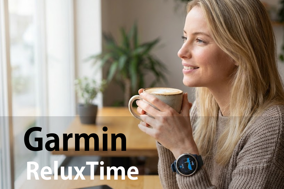 Garminのスマートウォッチを装着した女性がカフェでくつろぐ様子(イメージ画像)