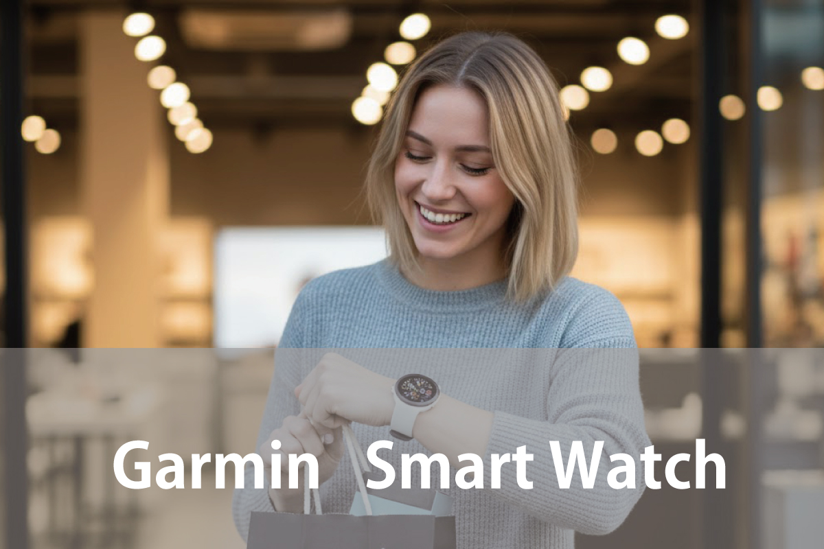 初めてGarminのスマートウォッチを購入して嬉しそうな女性の様子（作成：おかきソムリエ）