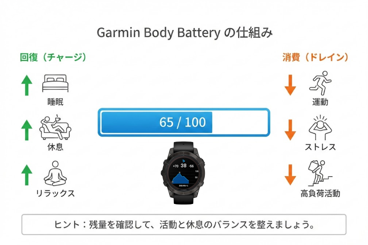 Garmin Body Batteryの仕組みを解説したインフォグラフィック。中央に「65 / 100」を示す青いバッテリー残量ゲージ。左側には回復要因(睡眠、休息、リラックス)と緑の上向き矢印、右側には消費要因(運動、ストレス、高負荷活動)とオレンジの下向き矢印が配置されている。下部には活動と休息のバランスを整えるためのヒントが記載されている。スマブロ.com