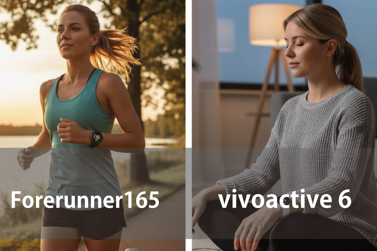 Forerunner165でランニングしている女性とマインドフルネスをvivoactive 6でマインドフルネスを実践している女性の対比画像（作成：おかきソムリエ）