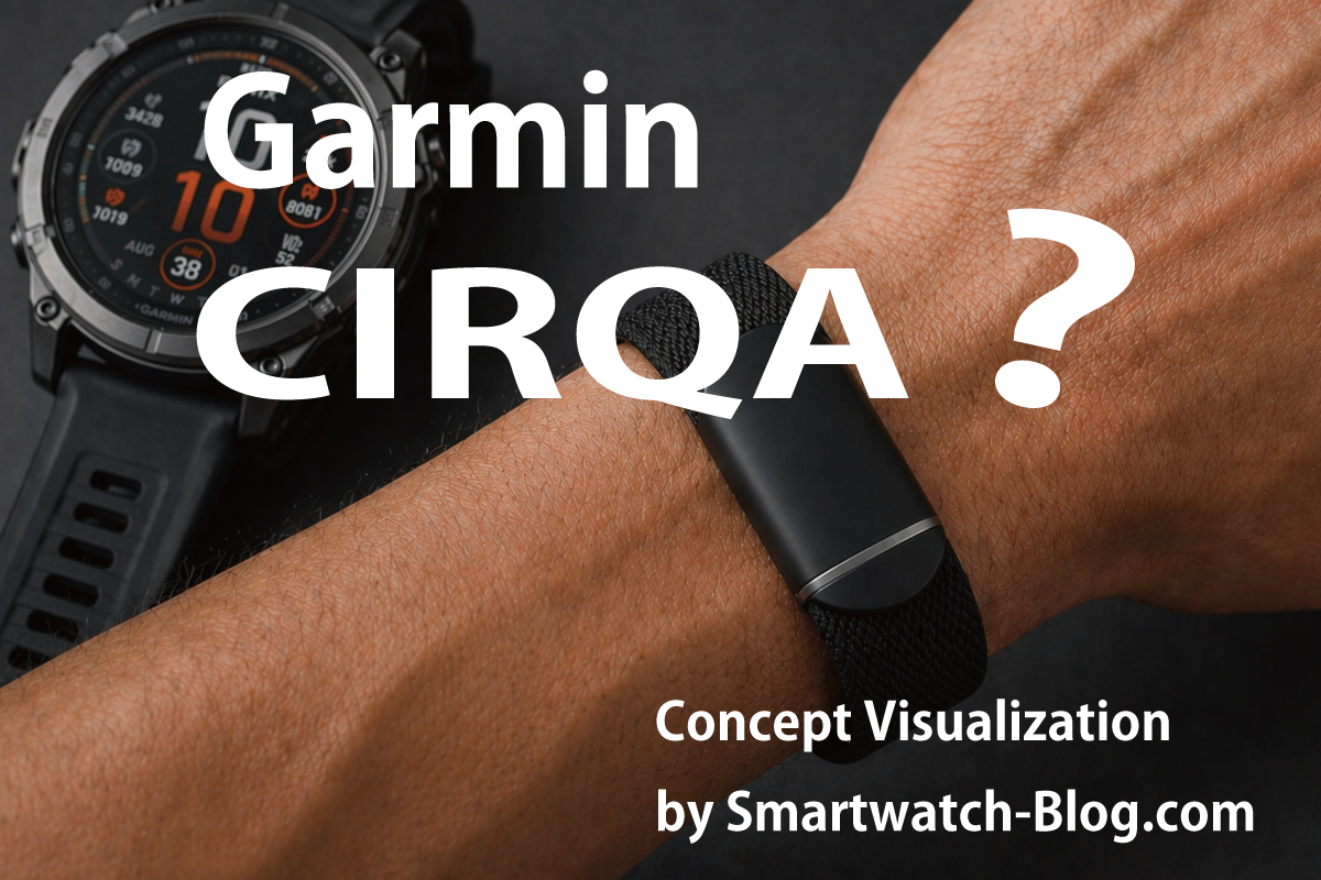 Garmin CIRQA（予想）を装着した手首と背景のfēnixスマートウォッチ｜二刀流運用イメージ（作成：スマブロ.com）