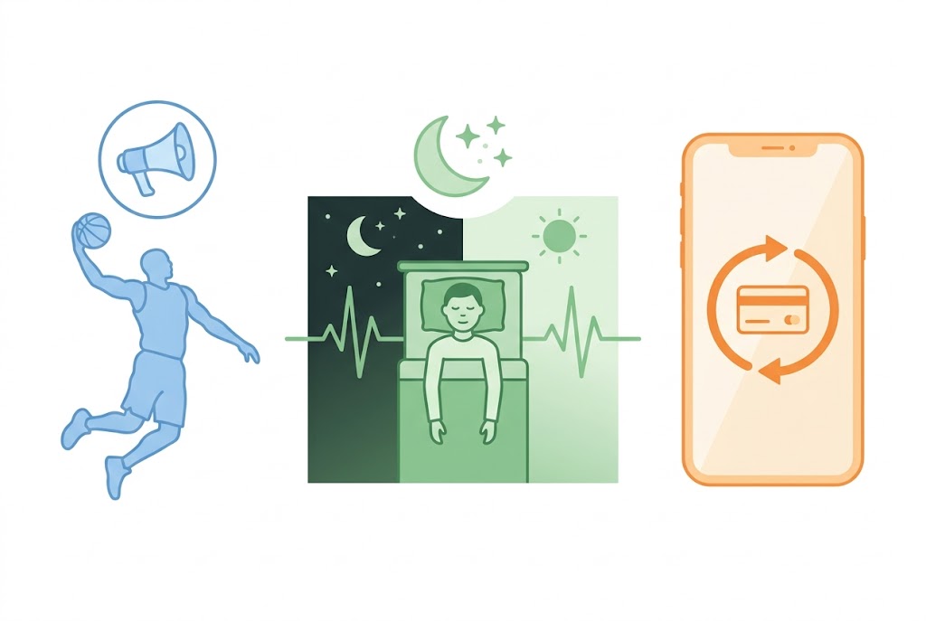 新型Fitbitバンドの3つの戦略仮説を表す概念図——広告塔としてのアスリート起用・24時間ヘルスデータの補完・サブスク課金モデルへの転換（作成：スマブロ.com）