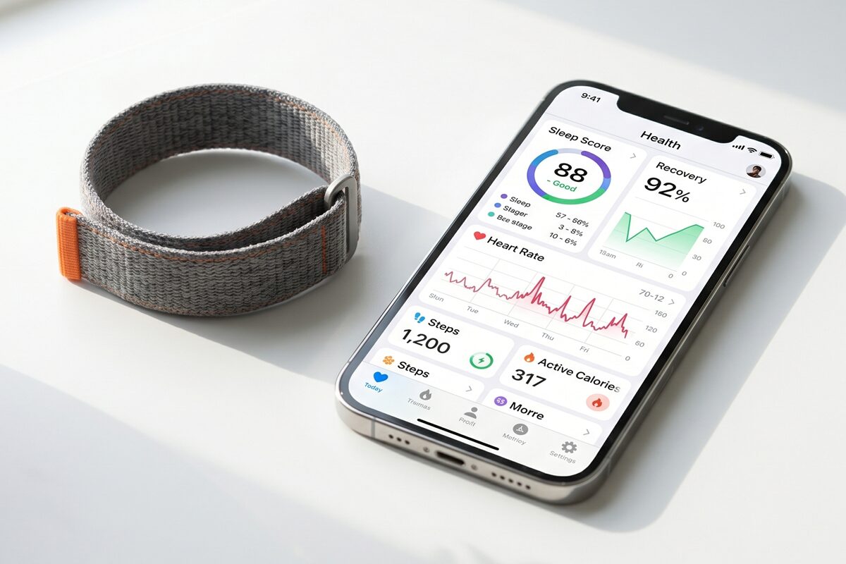 画面なしFitbitバンドとスマートフォンのヘルスアプリを並べたイメージ画像——記録はバンド、解釈はアプリという新しい体験設計（作成：スマブロ.com）