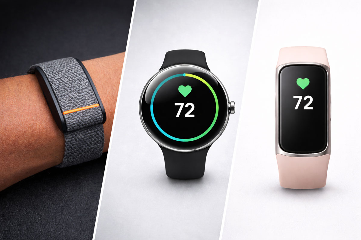 Pixel Watch 5予想とFitbit Charge 7・新Fitbitバンドの三択を示す2026年Googleウェアラブル戦略のイメージ図（スマブロ.com）
