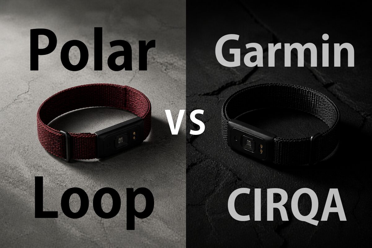 Polar LoopとGarmin CIRQAを左右に並べた比較ビジュアル｜スクリーンレスバンド対決のコンセプトイメージ（スマブロ.com）