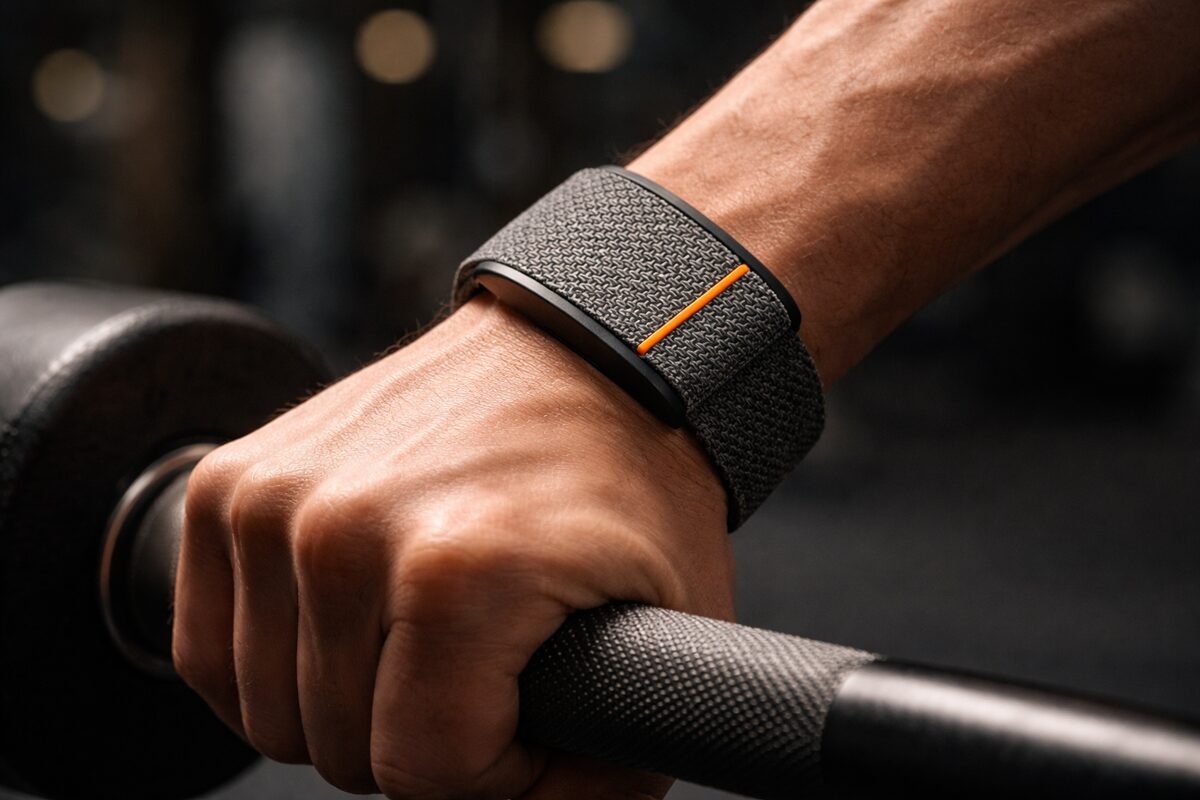 ジムでバーベルを握る手首に装着された画面なしフィットネスバンドのイメージ画像（作成：スマブロ.com）