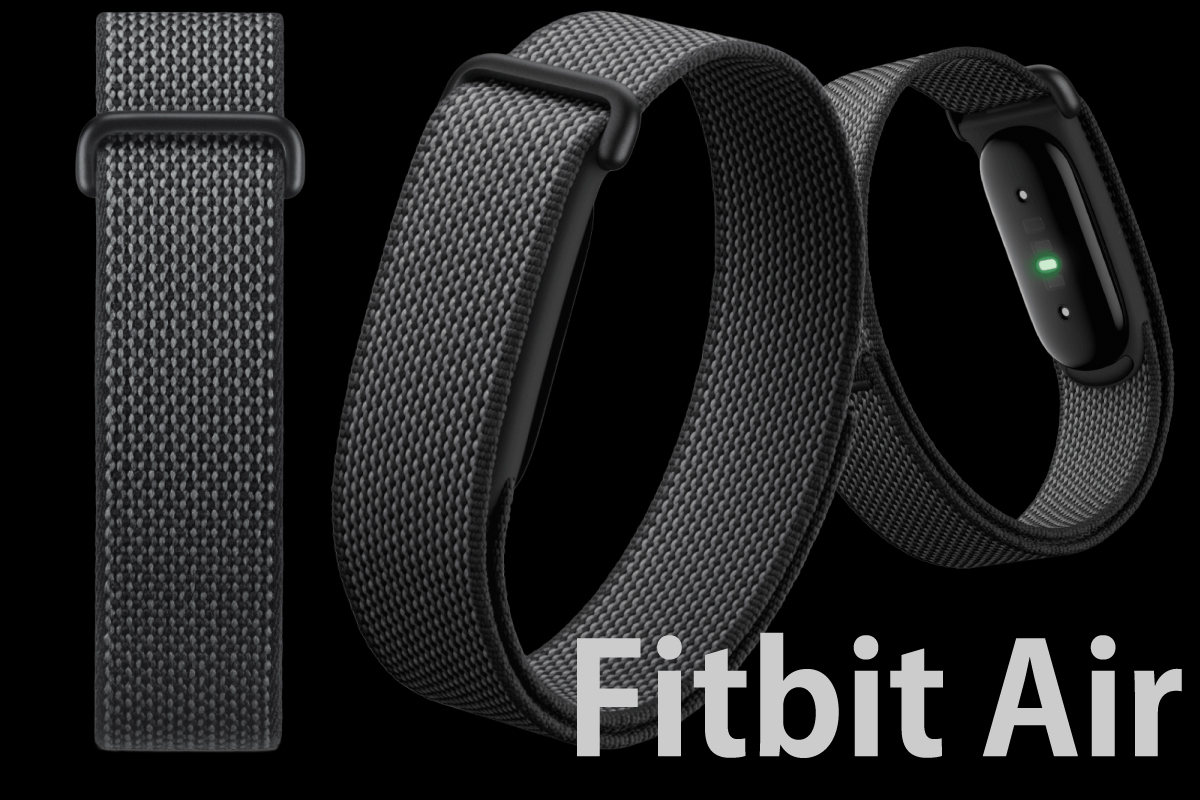 スクリーンレス設計のFitbit Air(Obsidianカラー)。裏面の光学式心拍センサーが緑色に点灯している様子（スマブロ.com）