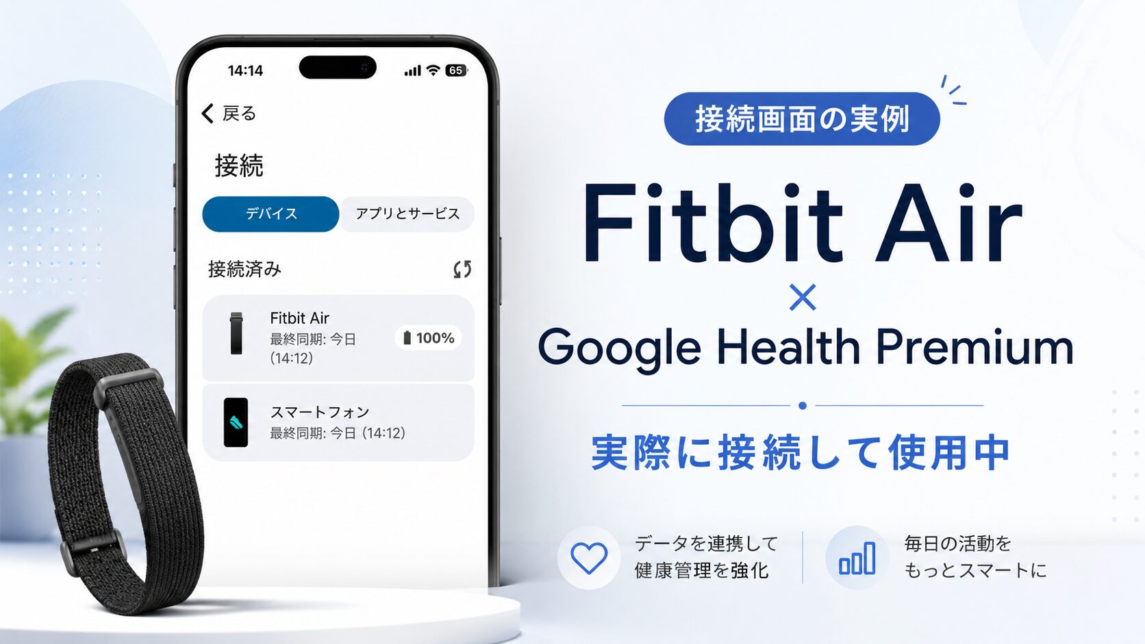 Fitbit AirとGoogle Health Premiumの接続画面を示したアイキャッチ画像（スクリーンショット・作成：スマブロ.com）