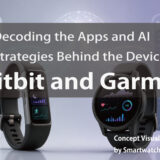 FitbitとGarminの2026年比較記事のアイキャッチ画像。Charge 6とvívoactive 5を並べ、背景にアプリ画面とデータの流れが透ける構図（スマブロ.com）