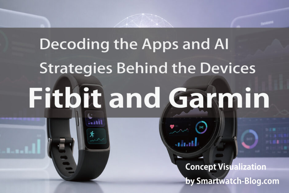 FitbitとGarminの2026年比較記事のアイキャッチ画像。Charge 6とvívoactive 5を並べ、背景にアプリ画面とデータの流れが透ける構図（スマブロ.com）