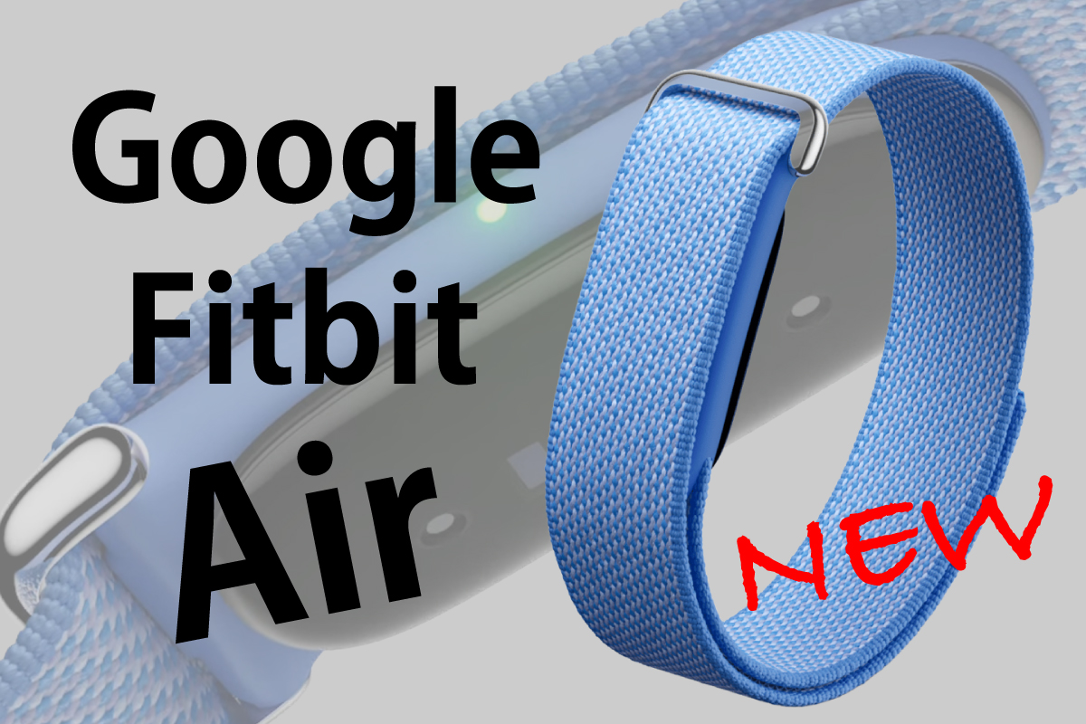 Google Fitbit Air（2026年5月発表）の本体画像。スクリーンレス設計の薄型トラッカーとFogカラーの繊維バンドが特徴。（作成：スマブロ.com）