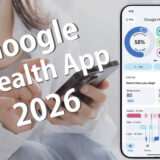 Google Health App 2026のヘルスダッシュボード画面とスマートフォンを操作する女性のアイキャッチ画像(スマブロ.com)