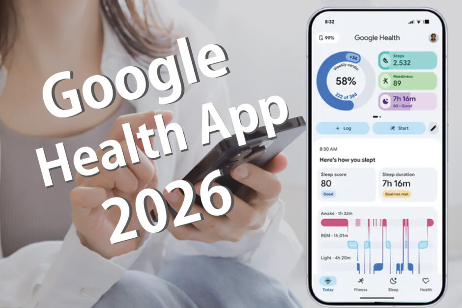 Google Health App 2026のヘルスダッシュボード画面とスマートフォンを操作する女性のアイキャッチ画像（スマブロ.com）