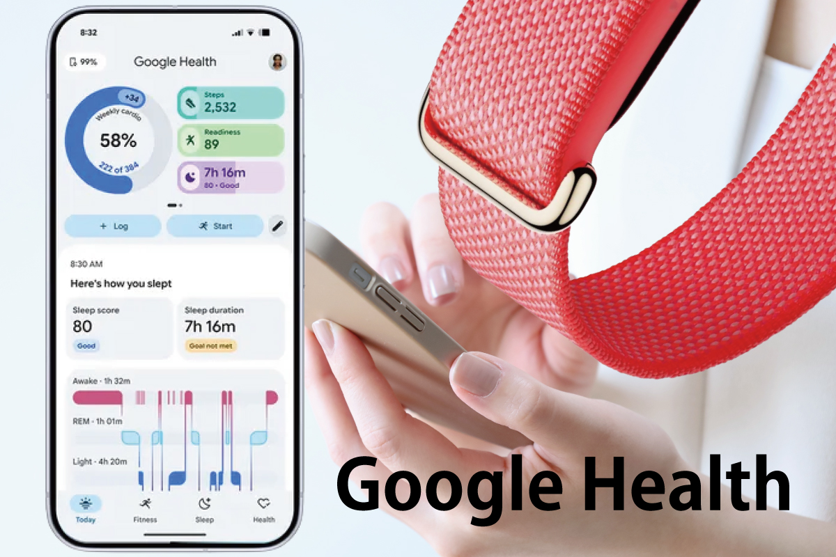 Google Healthアプリのダッシュボード画面とFitbit Air(Berry系カラー)の装着シーン。週間カーディオ・歩数・睡眠スコア・睡眠ステージなどが一画面で確認できる（作成：スマブロ.com）