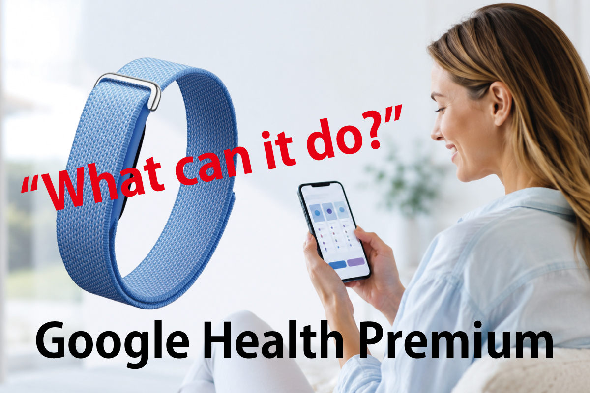 Google Health Premiumとは何ができるのか？Google Fitbit Airを着用しスマートフォンで健康データを確認する女性（スマブロ.com）