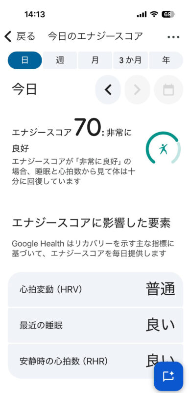 Google Fitbit Airで計測したエナジースコア70点（非常に良好）。心拍変動・最近の睡眠・安静時心拍数の3要素を表示するGoogle Healthアプリ画面（撮影：スマブロ.com）